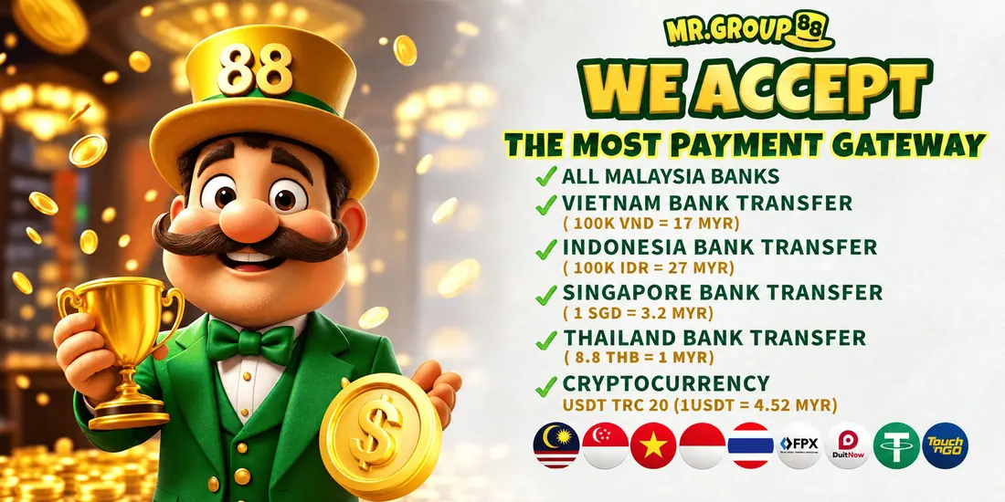 MrGroup88 banner listing accepted payment gateways